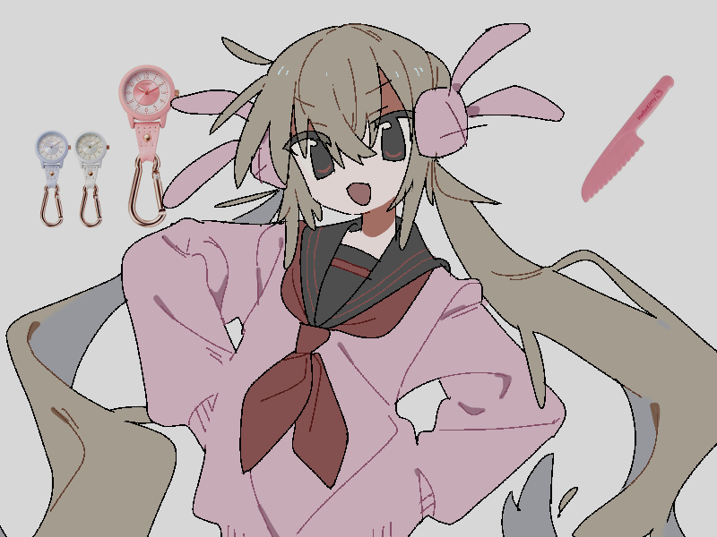 1girl, black_sailor_collar, cardigan, eezee56, hair_between_eyes, hair_ornament, hands_on_own_hips, knife