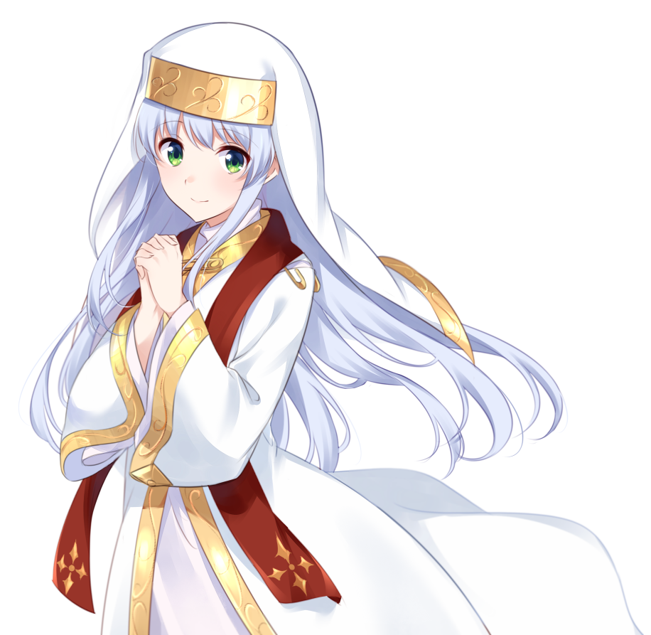 1girl, closed_mouth, commentary_request, green_eyes, grey_hair, habit, index_(toaru_majutsu_no_index), interlocked_fingers