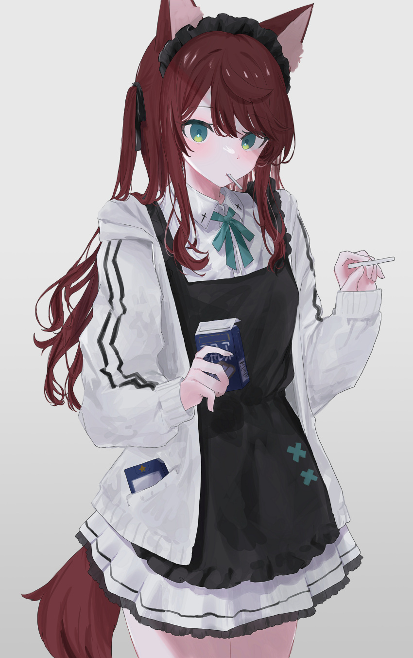 1girl, absurdres, animal_ear_fluff, animal_ears, apron, aqua_bow, aqua_bowtie, black_apron, bow, bowtie, brown_hair, chamu_(kohaku_sogo), collared_shirt, cowboy_shot, dress_shirt, eating, food, frilled_skirt, frills, green_eyes, highres, holding, holding_food, hood, hooded_jacket, jacket, kohaku_sogo, maid_apron, maid_headdress, mouth_hold, open_clothes, open_jacket, pleated_skirt, shirt, skirt, solo, tail, track_jacket, two_side_up, white_jacket, white_shirt, white_skirt, wolf_ears, wolf_girl, wolf_tail