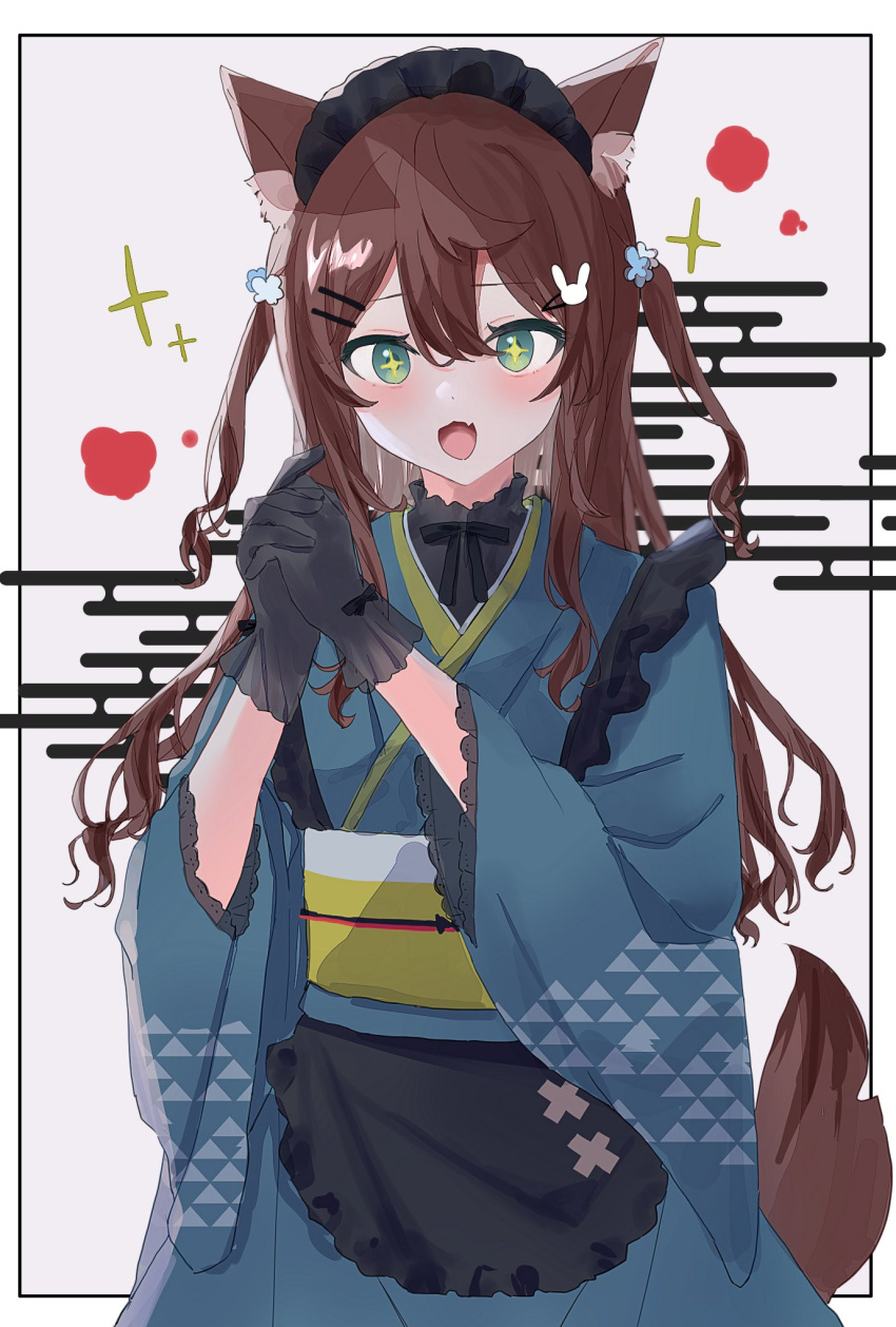 +_+, 1girl, :3, :d, animal_ear_fluff, animal_ears, apron, black_apron
