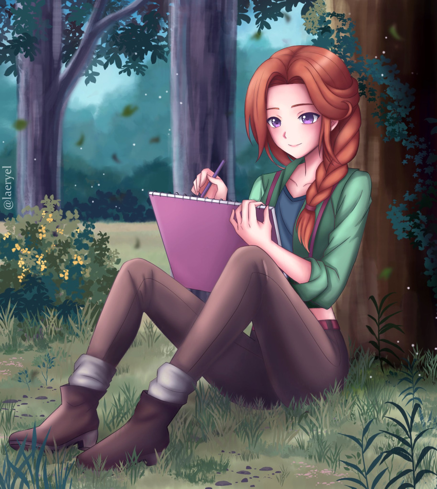 1girl, blue_shirt, boots, braid, brown_footwear, brown_pants, closed_mouth, collarbone