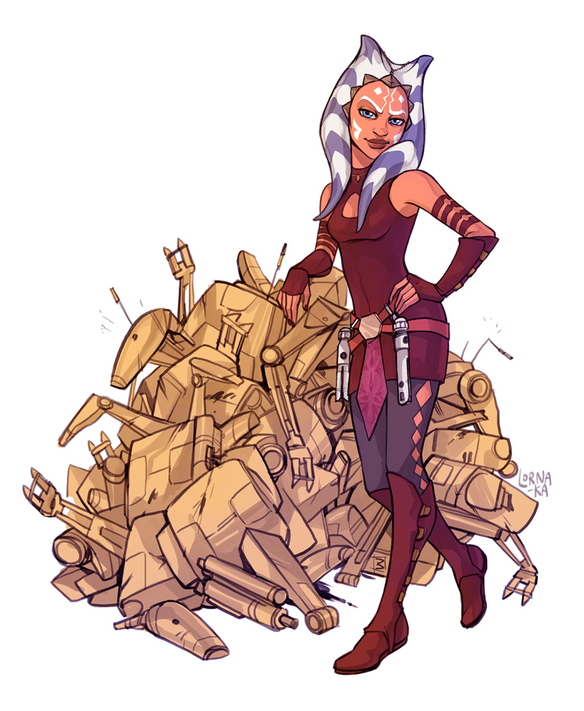 1girl, ahsoka_tano, alien, artist_name, b1_battle_droid, blue_eyes, boots, dress