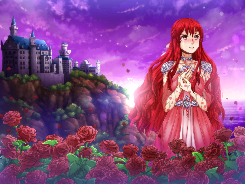 1girl, absurdres, armor, brown_eyes, castle, choker, cliff, clouds, commentary, commission, cowboy_shot, crying, crying_with_eyes_open, dress, english_commentary, flower, half_updo, highres, horizon, long_hair, looking_afar, medium_bangs, ocean, original, outdoors, parted_lips, pauldrons, pink_dress, purple_sky, red_flower, red_rose, redhead, riabels, rose, see-through, see-through_dress, shoulder_armor, sidelocks, sky, solo, star_(sky), starry_sky, strapless, strapless_dress, sun, tears, very_long_hair, water, wavy_hair