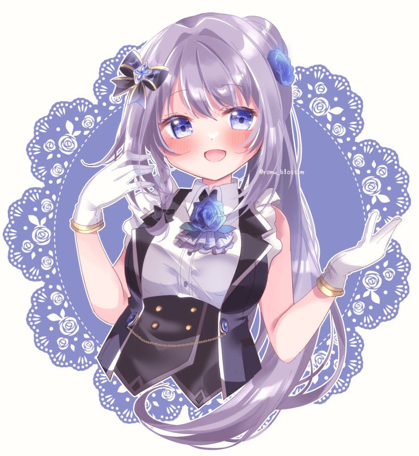 1girl, :d, black_bow, blue_eyes, blue_flower, blue_rose, blue_vest, blush