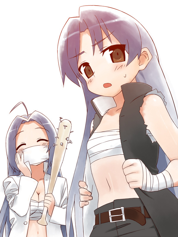 :o, ahoge, bandages, baseball_bat, bat, belt, blue_hair, blush
