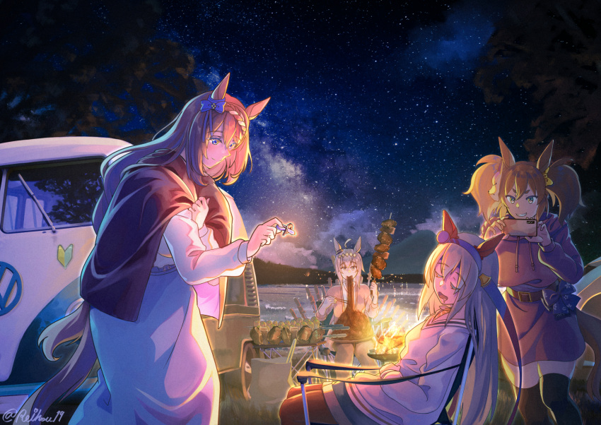 4girls, ahoge, animal_ears, belt, black_thighhighs, blue_bow, bonfire, bow