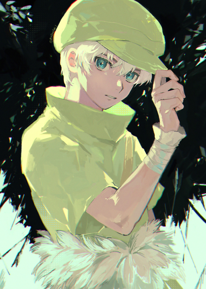 1boy, black_background, blue_eyes, dr._stone, hand_up, hat, highres, looking_at_viewer, male_focus, parted_lips, saionji_ukyou, shirt, short_hair, short_sleeves, solo, white_hair, wrist_cuffs, yellow_headwear, yellow_shirt, yu_(zatta13chan)