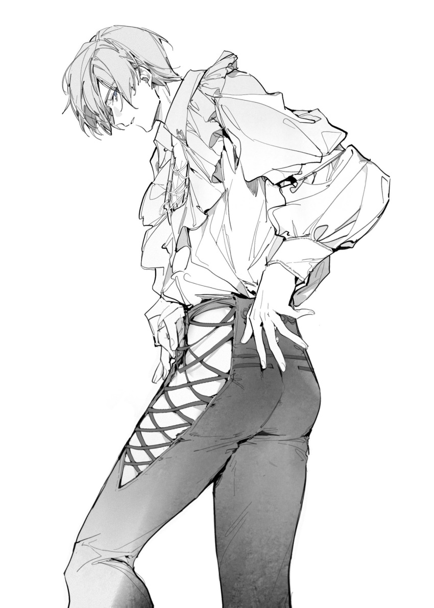 1boy, ass, frilled_shirt, frills, greyscale, highres, humidifier_xd, leon_s._kennedy