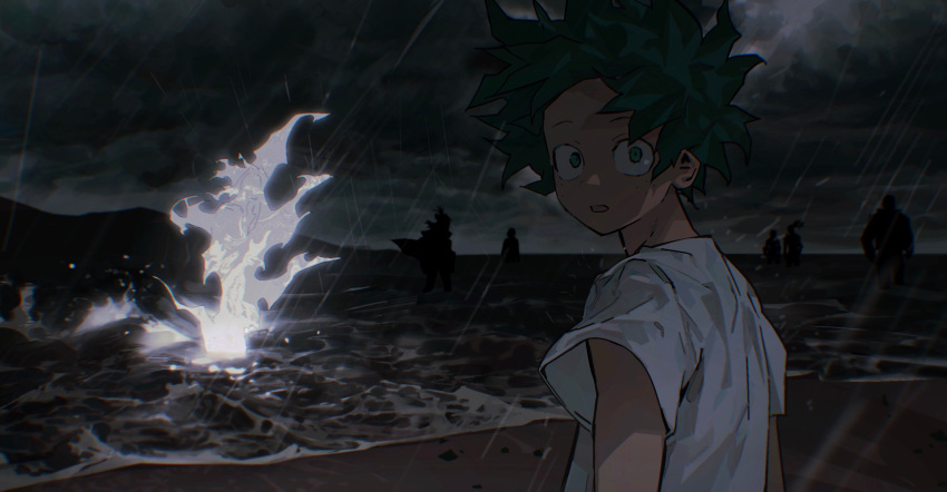 1girl, 6+boys, absurdres, all_might, arms_at_sides, beach, blurry, boku_no_hero_academia