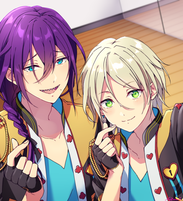 13aimi13, 2boys, ayase_mayoi, bishounen, black_gloves, black_jacket, blonde_hair, blue_eyes, blue_shirt, blush, braid, ensemble_stars!, finger_heart, fingerless_gloves, gloves, green_eyes, jacket, looking_at_viewer, mole, mole_under_mouth, multicolored_clothes, multicolored_jacket, multiple_boys, official_style, purple_hair, red_jacket, selfie, sharp_teeth, shiratori_aira_(ensemble_stars!), shirt, short_hair, teeth, white_jacket, wooden_floor, yellow_jacket