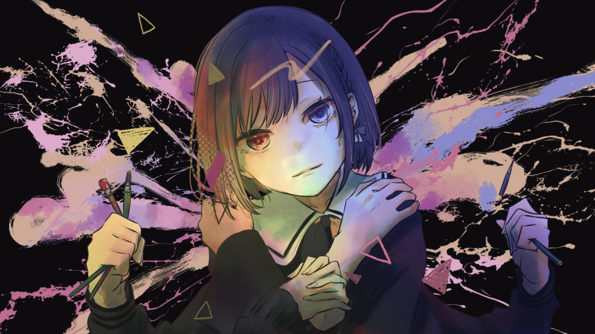 1girl, alternate_eye_color, bad_id, bad_pixiv_id, black_background, black_jacket, black_shirt, blue_eyes