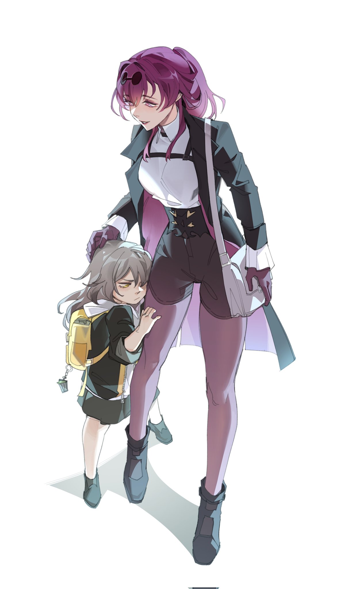 2girls, aged_down, backpack, bag, belt, black_belt, black_footwear, black_jacket
