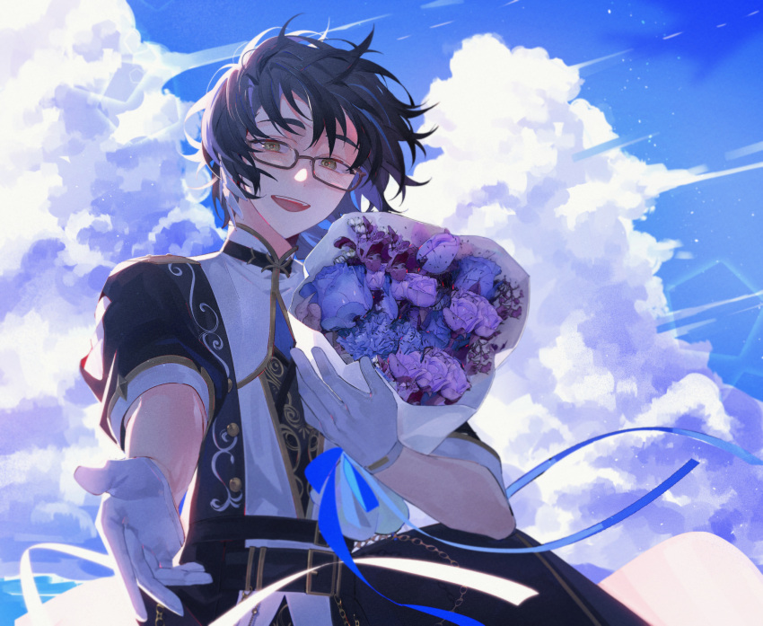 1boy, :d, anight, aoba_tsumugi, backlighting, beckoning, belt, belt_chain