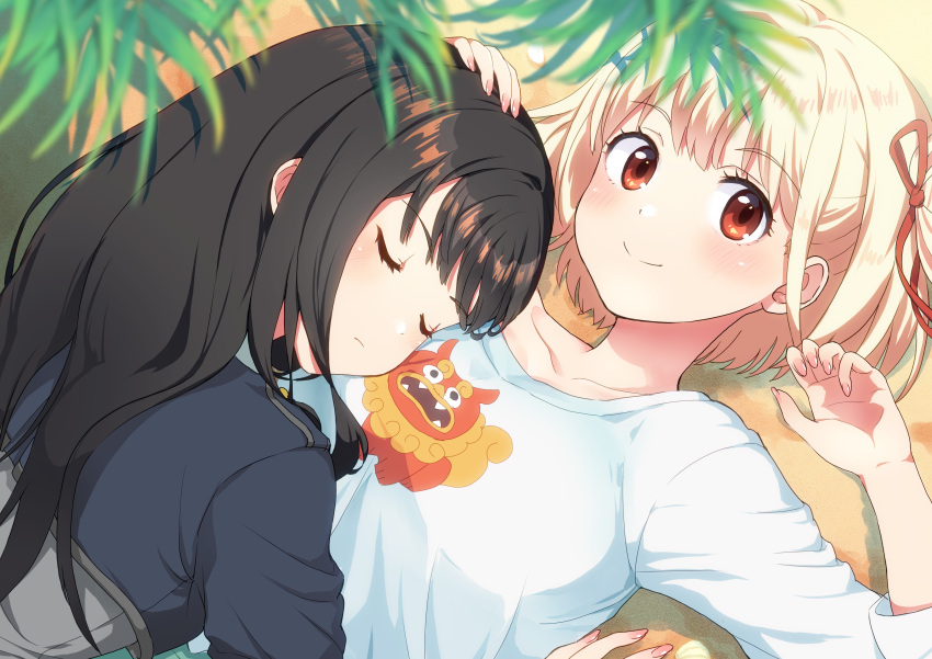 2girls, absurdres, black_hair, blonde_hair, blush, dtawawa, gesture_request, highres, inoue_takina, looking_at_viewer, lycoris_recoil, lycoris_uniform, multiple_girls, nishikigi_chisato, outdoors, red_eyes, sleeping, tagme, yuri
