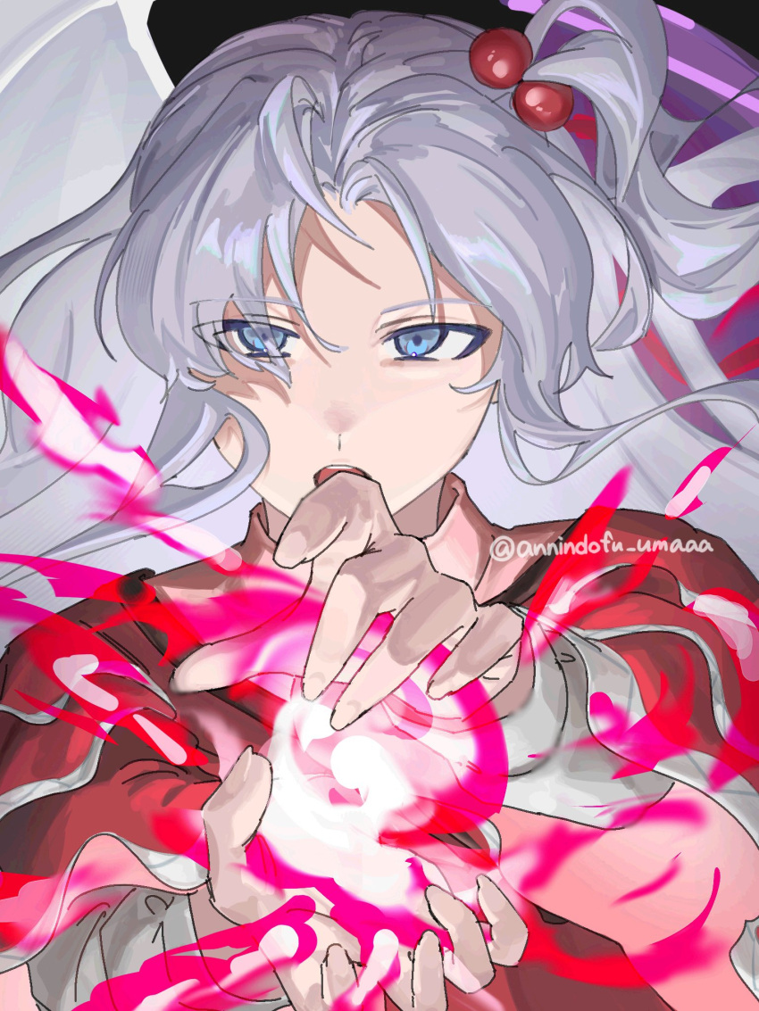 1girl, annindofu_umaaa, blue_eyes, capelet, casting_spell, commentary_request, dress, grey_hair, hair_bobbles, hair_ornament, highres, long_hair, long_sleeves, looking_at_viewer, one_side_up, open_mouth, parted_bangs, red_capelet, red_dress, shinki_(touhou), shirt, solo, touhou, touhou_(pc-98), twitter_username, upper_body, white_shirt