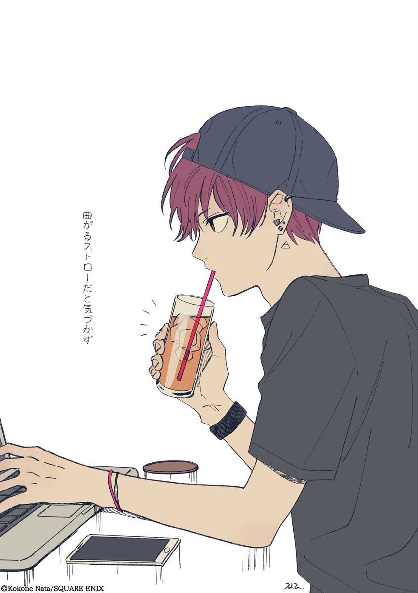1boy, baseball_cap, black_shirt, bracelet, cellphone, commentary_request, computer, cool_doji_danshi