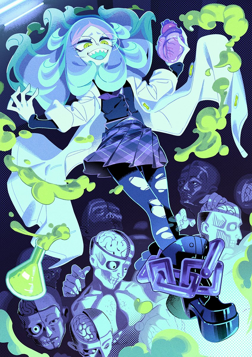 1girl, arms_up, black_footwear, black_sleeves, blue_hair, blue_skin, boots, brain