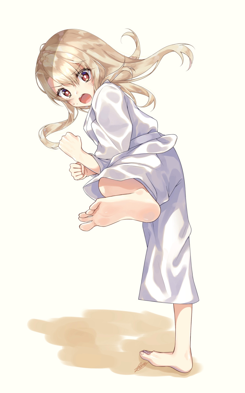 1girl, absurdres, amatsuji, barefoot, bright_pupils, clenched_hands, commentary_request, dougi