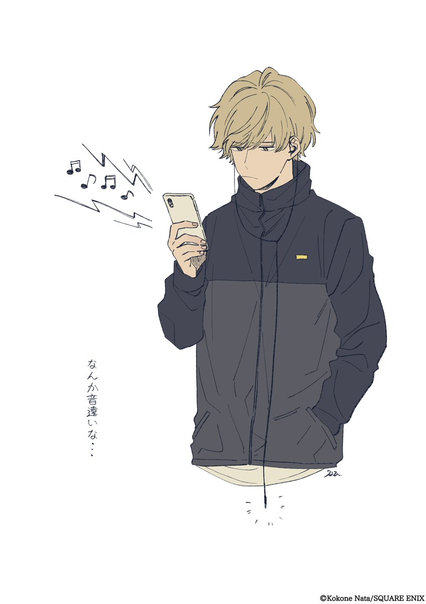 1boy, artist_name, blonde_hair, closed_mouth, cool_doji_danshi, earphones, fingernails, futami_shun