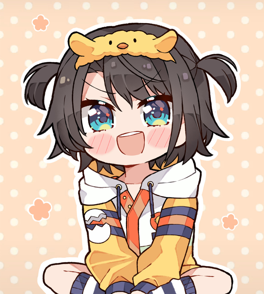 1girl, black_hair, blue_eyes, blush, breasts, chibi, hairband, highres, hololive, hood, hooded_jacket, jacket, kukie-nyan, long_sleeves, looking_at_viewer, multicolored_clothes, multicolored_jacket, official_alternate_costume, oozora_subaru, oozora_subaru_(7th_costume), open_clothes, short_hair, sitting, smile, solo, swept_bangs, two_side_up, virtual_youtuber, white_jacket, yellow_hairband, yellow_jacket