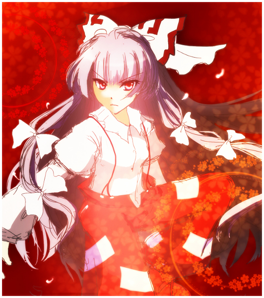 bad_id, fujiwara_no_mokou, hair_ribbon, long_hair, pinkrojar, red, ribbon, solo