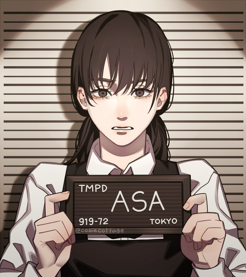 1girl, barbie_mugshot_(meme), black_hair, chainsaw_man, character_name, cosiecottage, dress, fourth_east_high_school_uniform