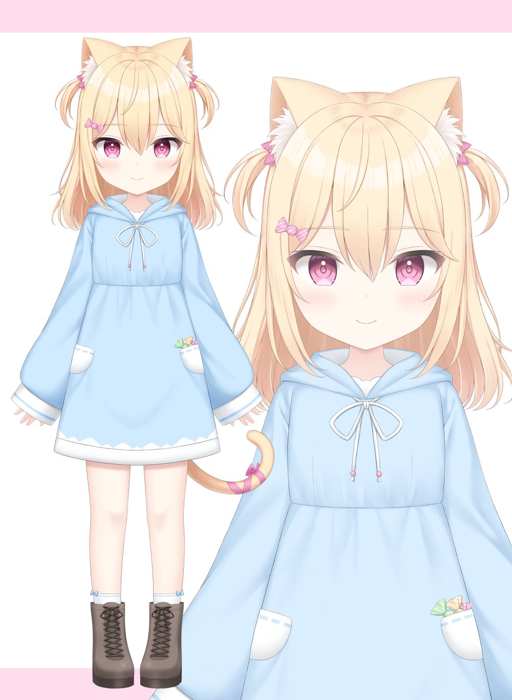 1girl, animal_ears, blonde_hair, blue_hoodie, boots, brown_footwear, candy, cat_ears