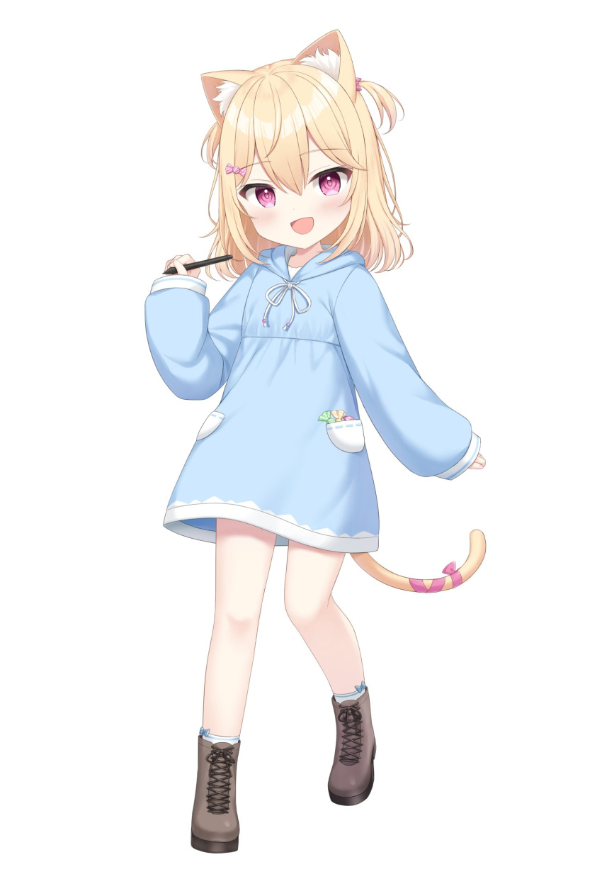 1girl, :d, animal_ears, blonde_hair, blue_hoodie, boots, brown_footwear, candy
