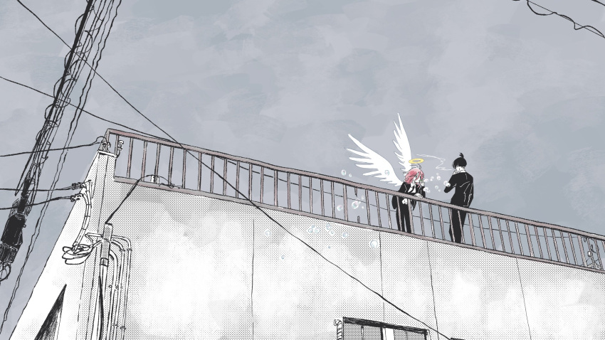 2boys, against_railing, angel, angel_devil_(chainsaw_man), angel_wings, black_hair, black_jacket, black_necktie