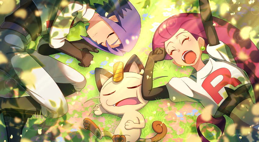 1boy, 1girl, absurdres, boots, commentary_request, cropped_jacket, earrings, flower, from_above, grass, highres, jacket, james_(pokemon), jessie_(pokemon), jewelry, lipstick, logo, long_hair, lying, makeup, meowth, mizutora_zamasu, on_side, open_mouth, pants, pink_flower, pokemon, pokemon_(anime), purple_hair, red_lips, shadow, shirt, sleepy, stretching, team_rocket, team_rocket_uniform, teeth, tongue, upper_teeth_only