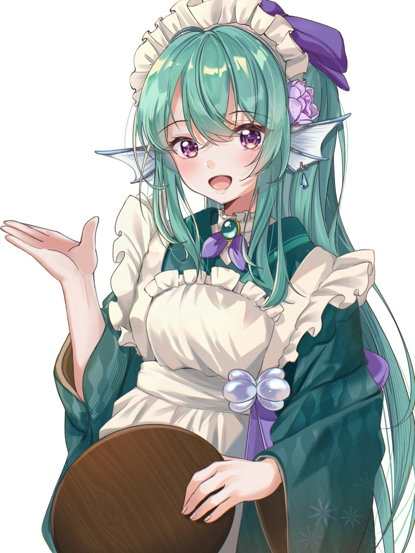 1girl, apron, arm_up, ear_piercing, finana_ryugu, fins, fish_girl, flower