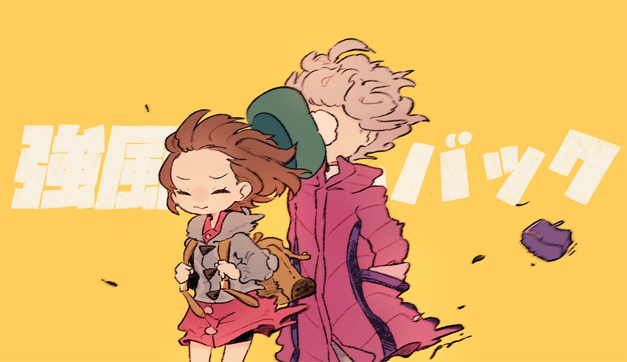 1boy, 1girl, backpack, bag, bede_(pokemon), blonde_hair, brown_bag, brown_hair