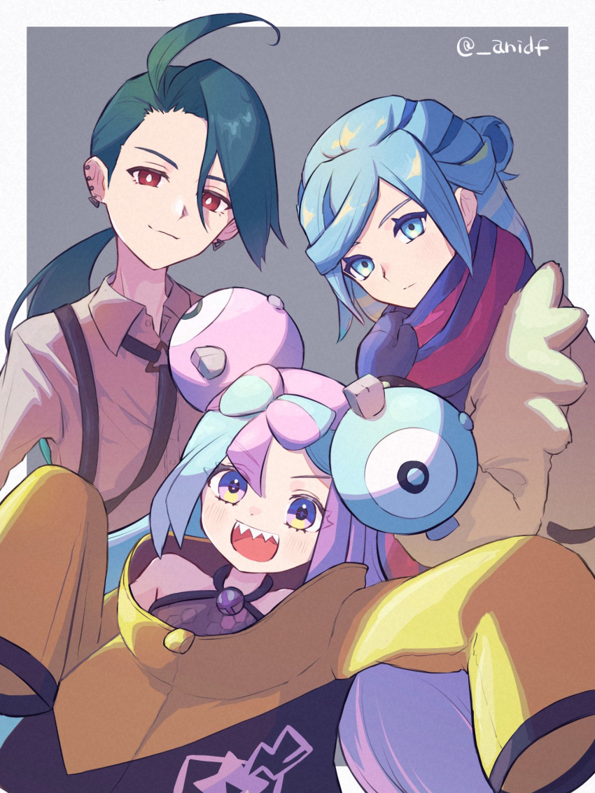 1boy, 2girls, :d, ahoge, anidf, blue_hair, border, bright_pupils