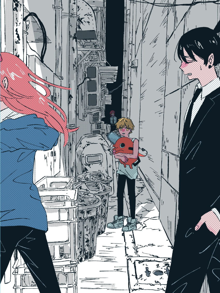 2boys, 2girls, absurdres, air_conditioner, alley, black_hair, black_jacket, black_necktie