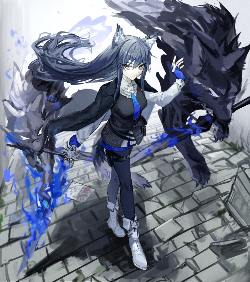1girl, aizuki_sui, animal_ear_fluff, animal_ears, ankle_boots, arknights, black_coat, black_hair, black_pantyhose, black_vest, blue_gloves, blue_necktie, blue_shorts, boots, coat, coat_on_shoulders, cobblestone, commentary, fingerless_gloves, flaming_sword, flaming_weapon, flyer, gloves, hand_up, highres, long_hair, long_sleeves, looking_at_viewer, necktie, outdoors, pantyhose, pantyhose_under_shorts, shirt, shorts, sidelocks, solo, sword, tail, texas_(arknights), texas_the_omertosa_(arknights), vest, weapon, white_footwear, white_shirt, wolf, wolf_ears, wolf_girl, wolf_tail, yellow_eyes