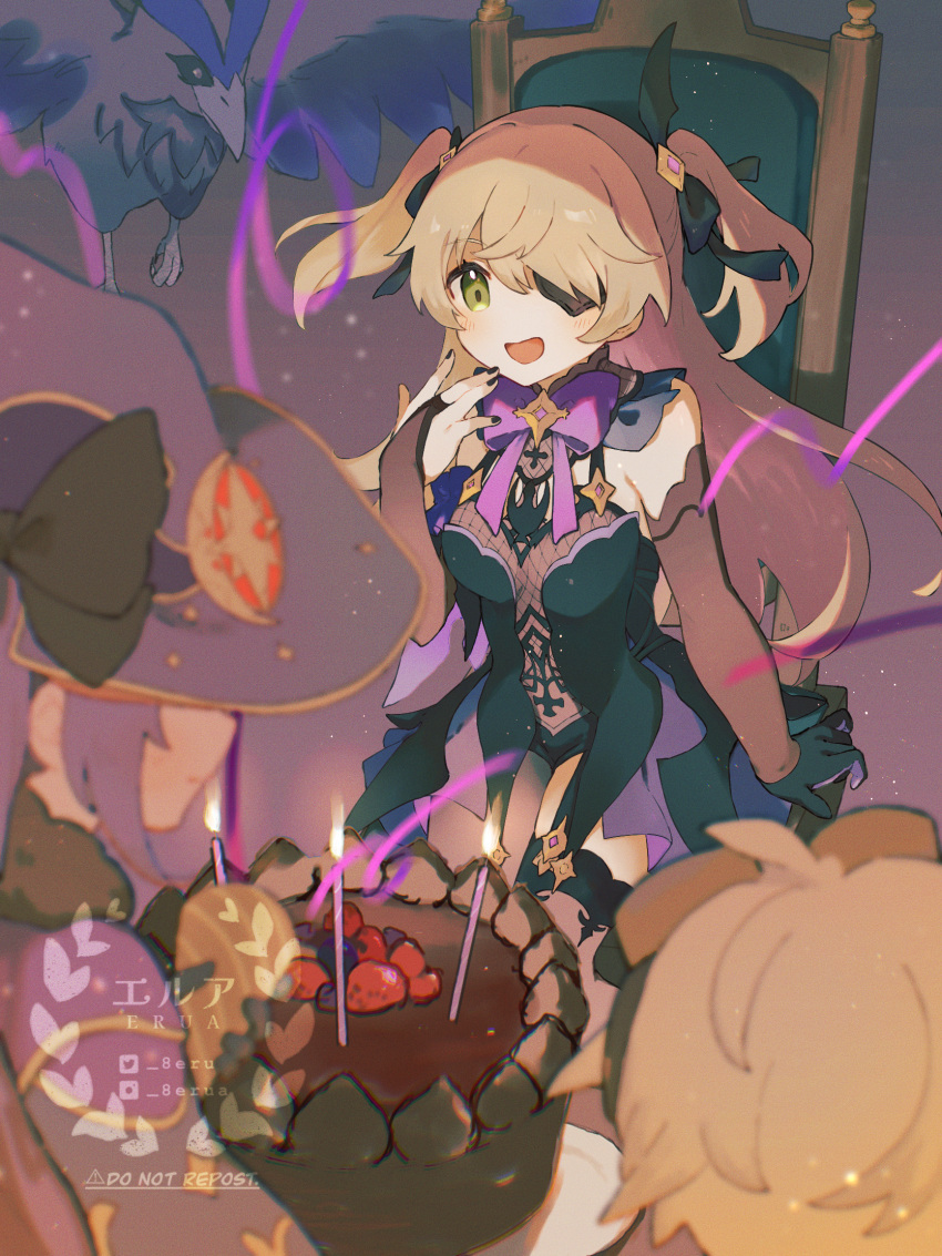 1girl, bare_shoulders, bat_ornament, bennett_(genshin_impact), bird, birthday_cake, black_gloves, black_hair