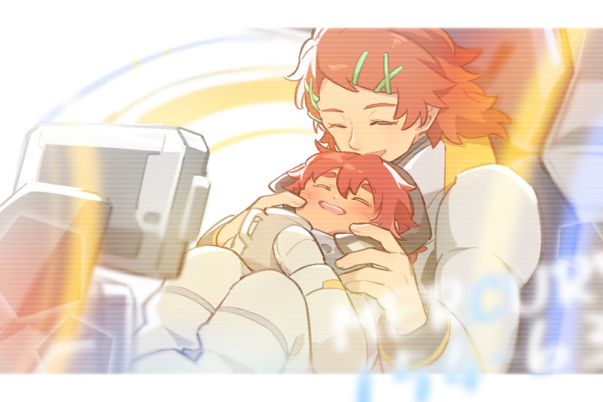 2girls, blush, closed_eyes, cup, elnora_samaya, gloves, gundam, gundam_suisei_no_majo