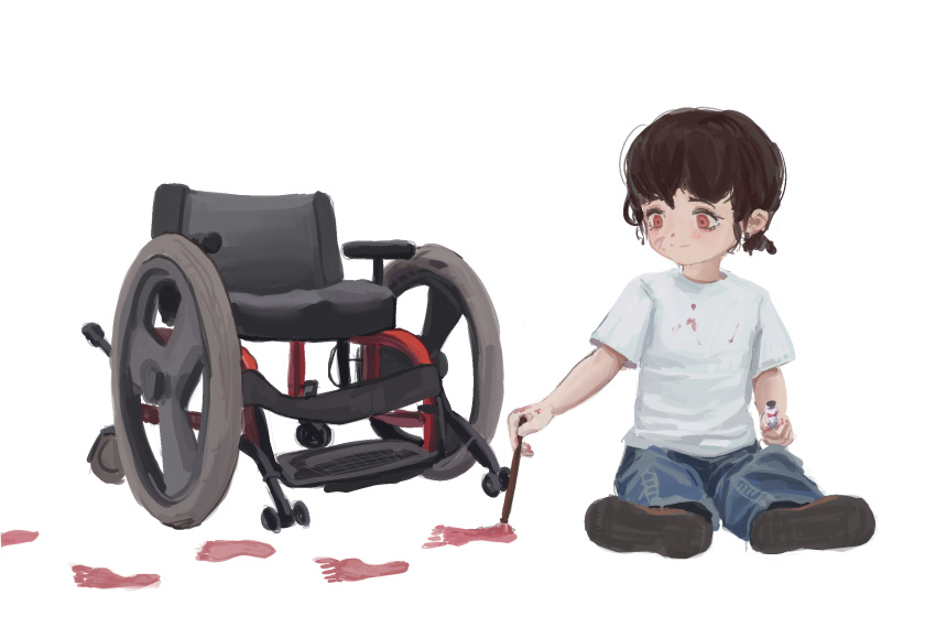 1girl, brown_hair, child, dot_nose, elainma, footprints, highres, holding