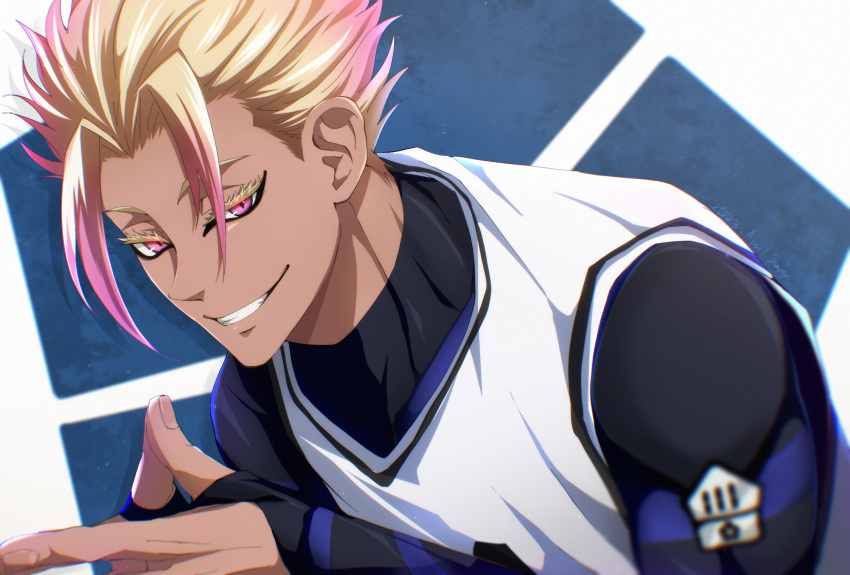1boy, blonde_hair, blue_lock, colored_eyelashes, fingernails, gradient_hair, highres, looking_at_viewer