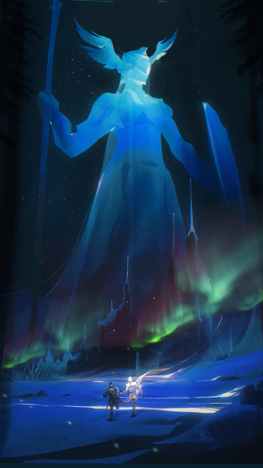 1girl, 2boys, absurdres, adventurer_(ff14), armor, aurora, breastplate, building, cape, chinese_commentary, commentary_request, elezen, elf, faceless, final_fantasy, final_fantasy_xiv, glowing, halone_(ff14), haurchefant_greystone, helmet, highres, holding, holding_hands, holding_polearm, holding_shield, holding_weapon, hyur, multiple_boys, night, night_sky, outdoors, paladin_(final_fantasy), pointy_ears, polearm, running, scenery, shield, sky, star_(sky), starry_sky, very_wide_shot, warrior_of_light_(ff14), weapon, white_cape, winged_helmet, xhdrws