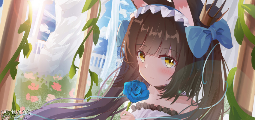 1girl, absurdres, animal_ear_fluff, animal_ears, artist_name, azur_lane, bare_shoulders, blue_bow