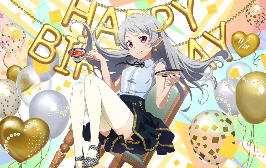1girl, balloon, bare_arms, black_skirt, closed_mouth, collared_shirt, cup, dress_shirt