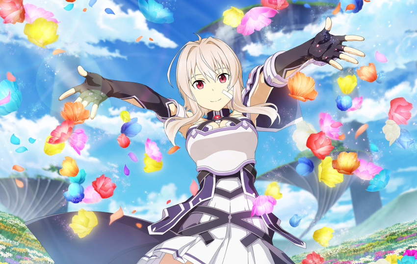 1girl, armor, black_gloves, blue_flower, blue_sky, breastplate, closed_mouth, clouds