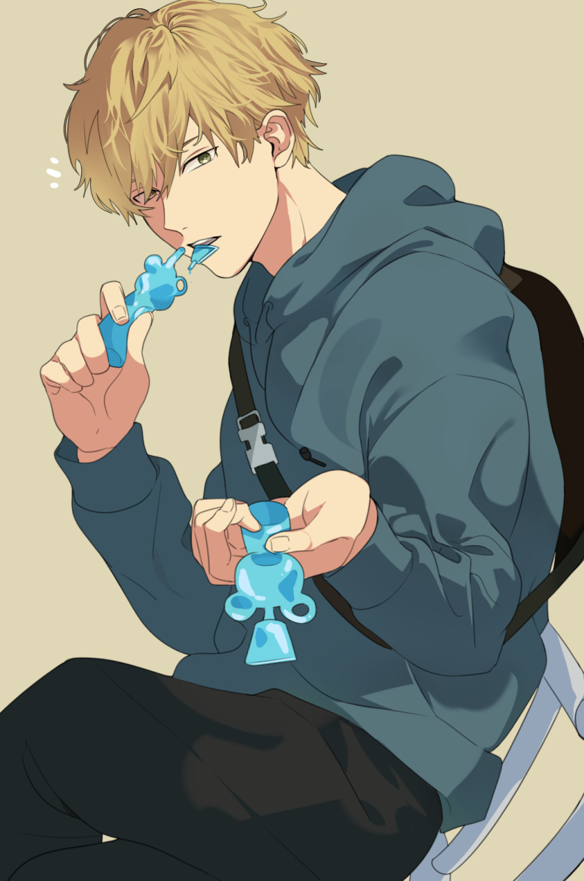 1boy, bag, black_pants, blonde_hair, commentary_request, cool_doji_danshi, fingernails, food