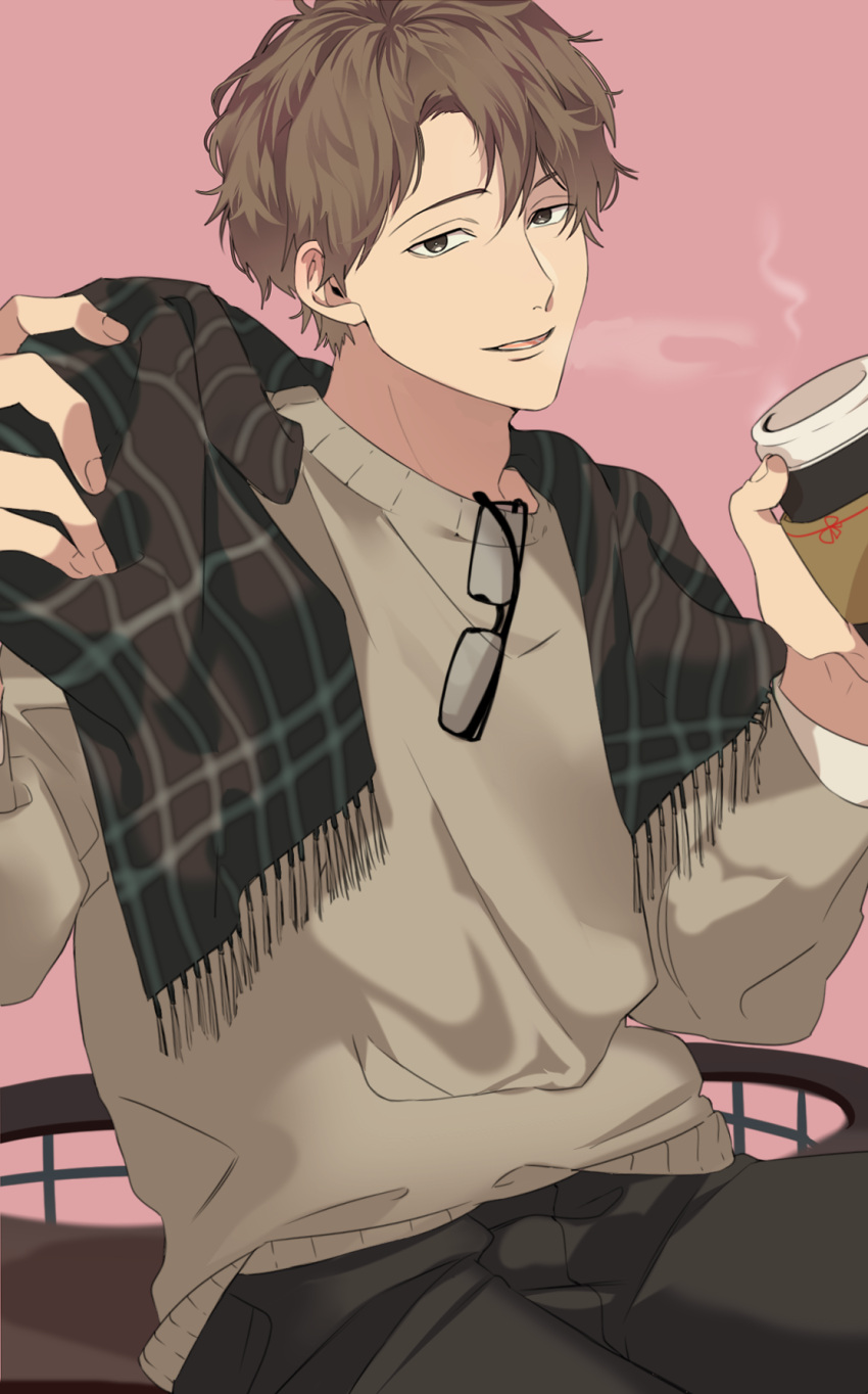 1boy, black-framed_eyewear, black_pants, brown_hair, brown_sweater, coffee_cup, commentary_request, cool_doji_danshi
