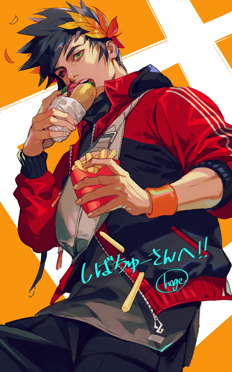 1boy, black_hair, black_pants, black_sclera, colored_sclera, contemporary, eating, food
