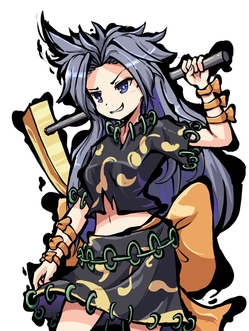 1girl, black_shirt, black_skirt, bow, commentary, english_commentary, grey_eyes, grey_hair