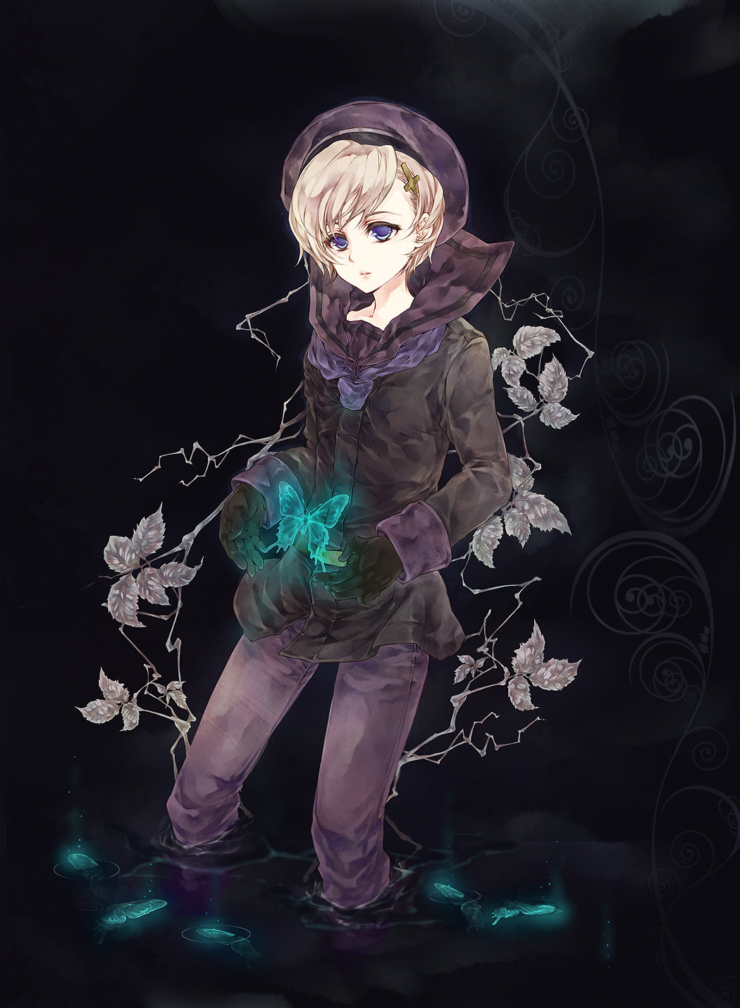 axis_powers_hetalia, bad_id, beret, blonde_hair, butterfly, cross, hat, highres, male, no6_ricca, norway_(hetalia), purple_eyes, solo, violet_eyes, water