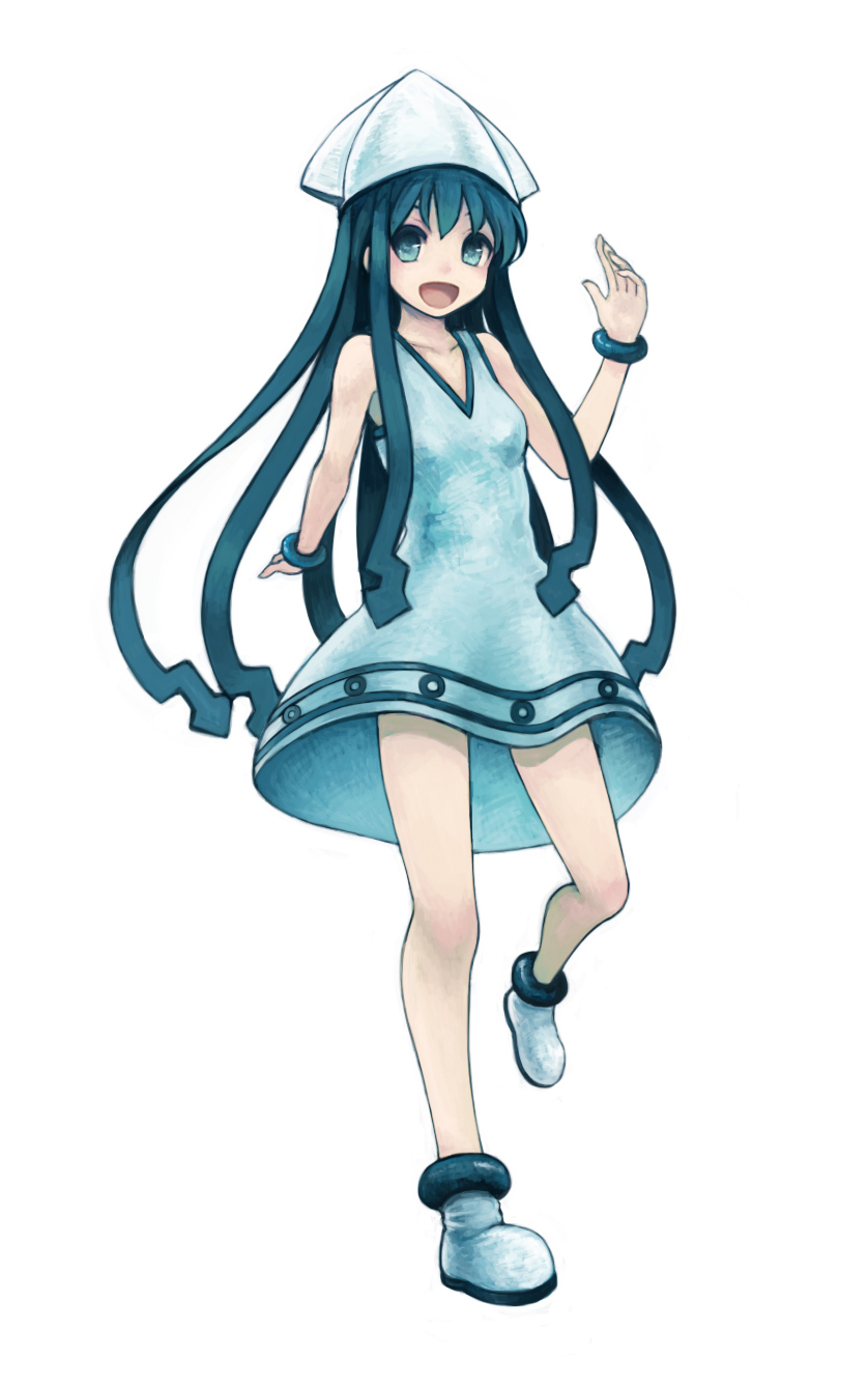 1girl, bare_shoulders, blue_eyes, blue_hair, boots, bracelet, dress, full_body, haruhito_(divineshalt), hat, highres, ikamusume, jewelry, long_hair, open_mouth, shinryaku!_ikamusume, simple_background, sleeveless, sleeveless_dress, smile, solo, squid_hat, tentacle_hair, white_background, white_dress