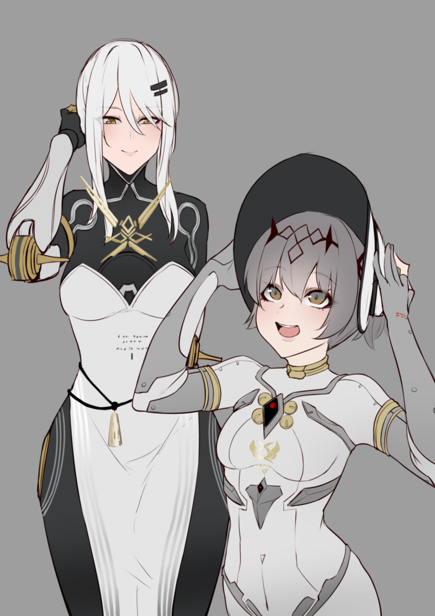 2girls, black_bodysuit, bodysuit, bonnet, brown_eyes, brown_hair, closed_mouth, dress, grey_background, grey_bodysuit, haicma_(punishing:_gray_raven), hair_between_eyes, hair_ornament, hairclip, highres, joints, long_hair, mechanical_arms, medium_hair, multiple_girls, nanami:_starfarer_(punishing:_gray_raven), nanami_(punishing:_gray_raven), open_mouth, punishing:_gray_raven, sidelocks, teeth, tiankong_pie_ai, tiara, upper_teeth_only, white_dress, white_hair